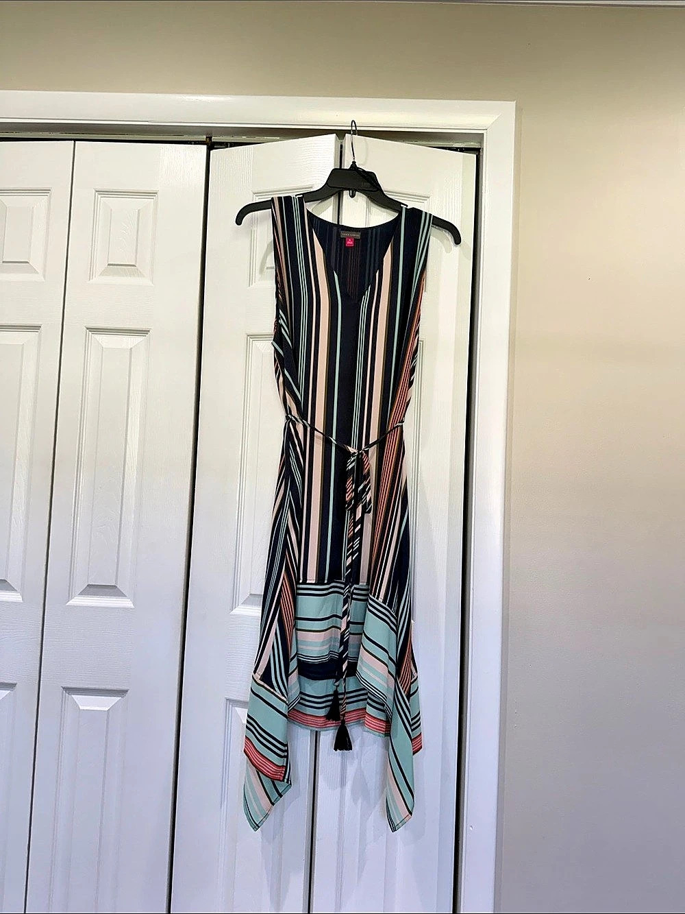 Vince Camuto Striped Sleeveless Handkerchief Hem Midi Dress